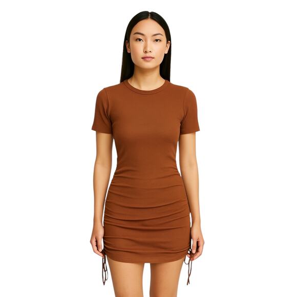 Zara Brown Ribbed Knit Short Sleeve Side Ruched Tie Mini Bodycon Dress Size S - Picture 1 of 12